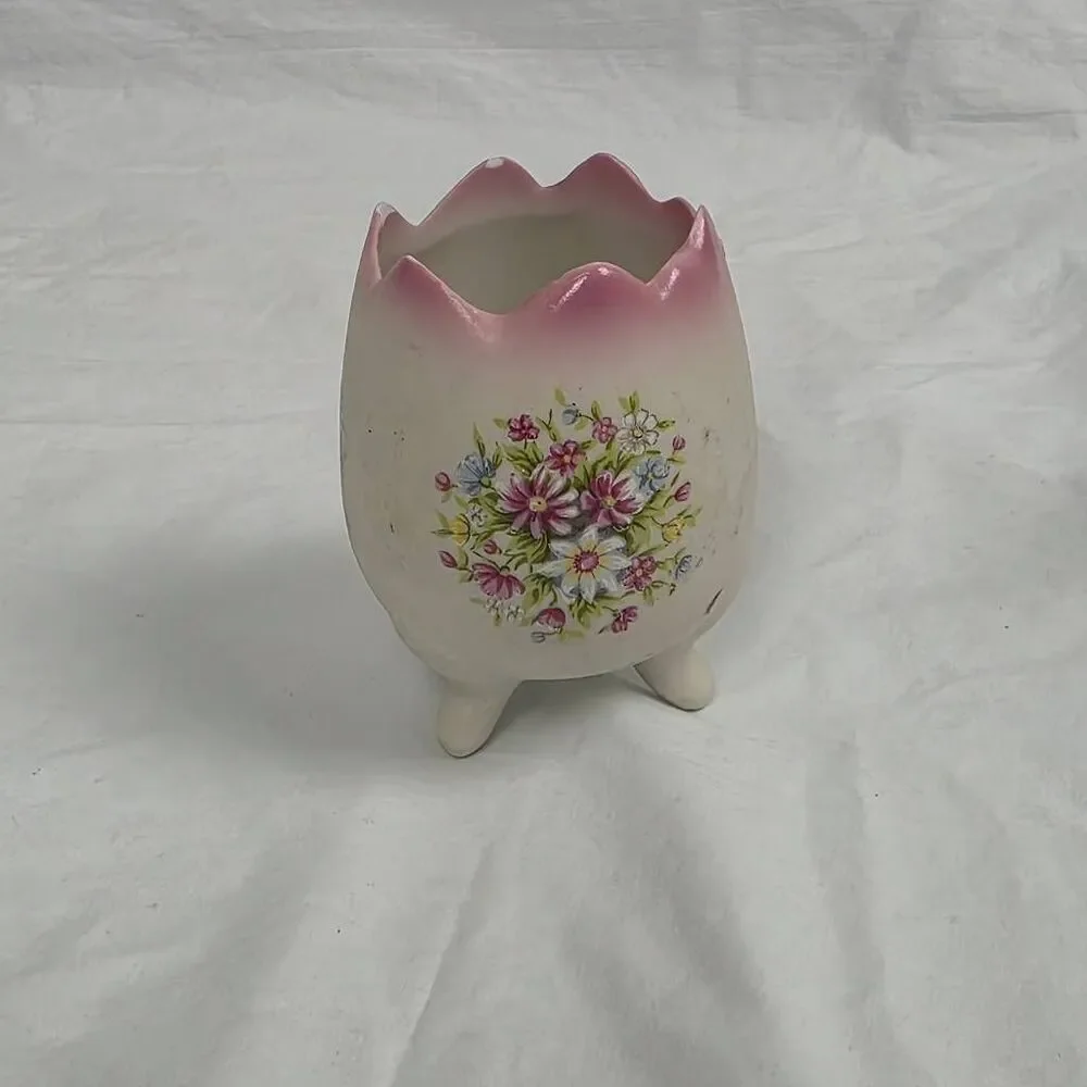 Vintage Pink Floral Egg Vase on Tripod Feet Ceramic